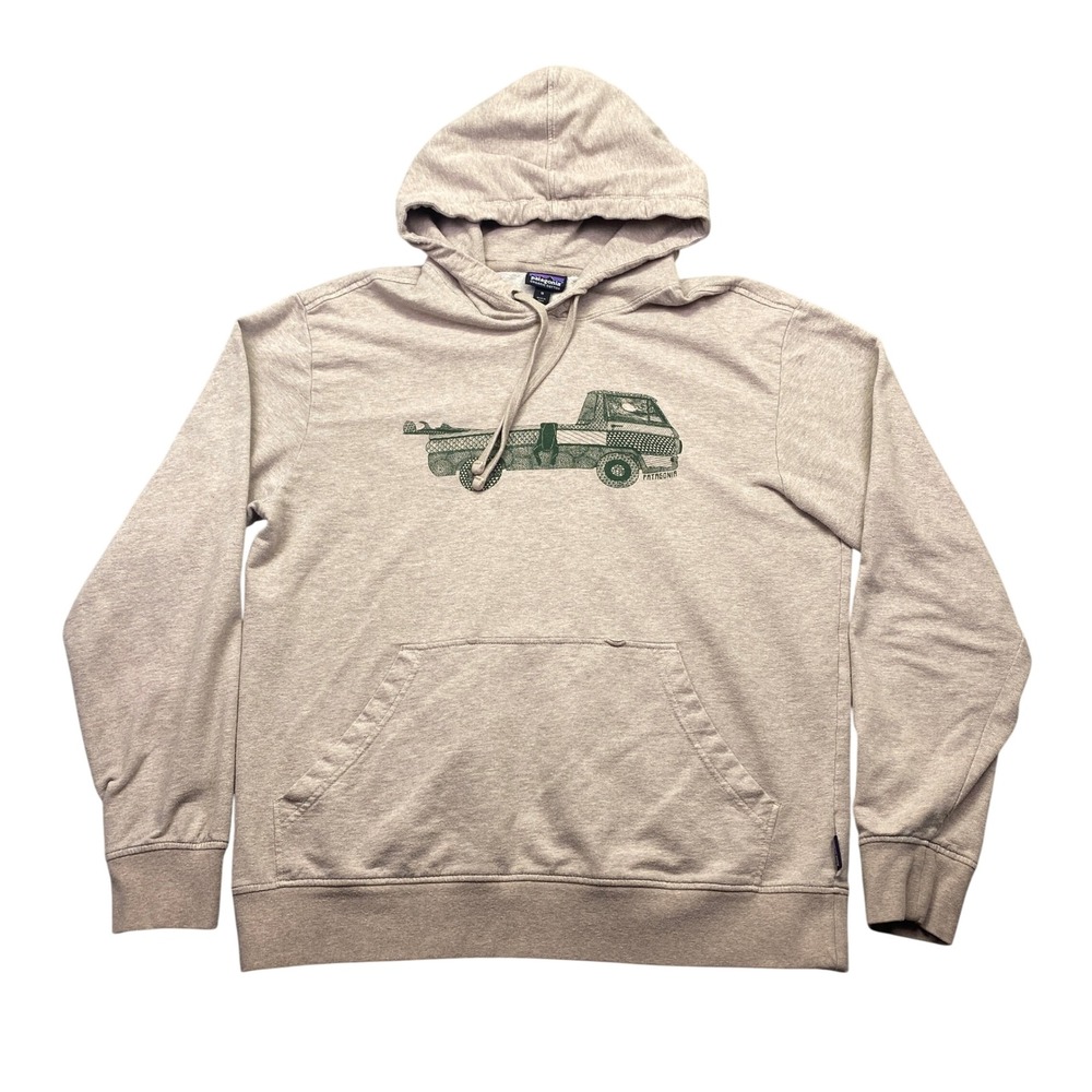 Patagonia Mens Pickup Lines Lightweight Truck Surfboard Graphic Hoodie Tan M